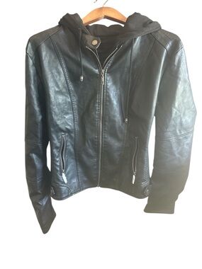 Lock & Love Women’s Black Faux Leather Hooded Jacket Moto Biker-core Edgy Grunge